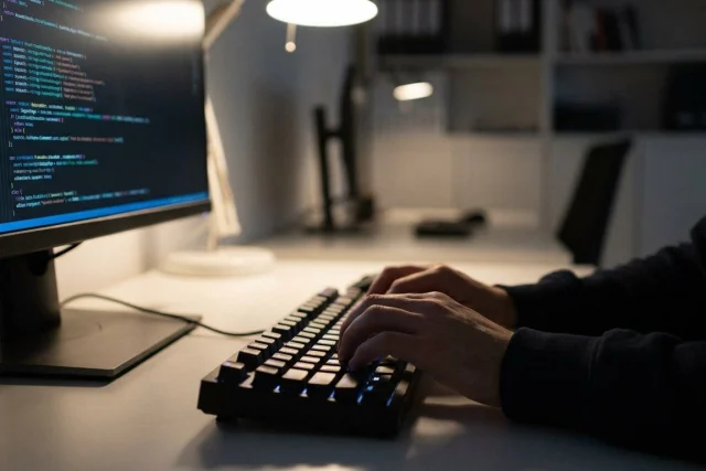 Person's hands typing on a black mechanical keyboard on a white desk, next to a monitor displaying code in a dimly lit